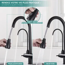 Robinet de Cuisine à 3 Voies Mitigeur de Cuisine Noir avec Douchette Extractible Mitigeur Evier Cuisine Eau Potable