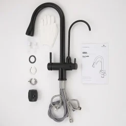 Robinet de Cuisine à 3 Voies Mitigeur de Cuisine Noir avec Douchette Extractible Mitigeur Evier Cuisine Eau Potable