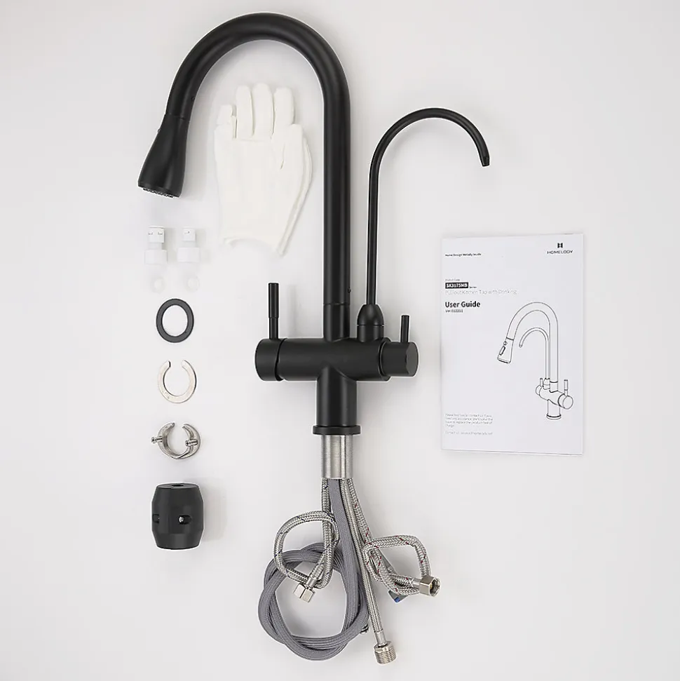 Robinet de Cuisine à 3 Voies Mitigeur de Cuisine Noir avec Douchette Extractible Mitigeur Evier Cuisine Eau Potable