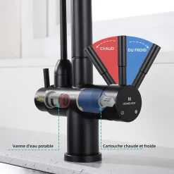 Robinet de Cuisine à 3 Voies Mitigeur de Cuisine Noir avec Douchette Extractible Mitigeur Evier Cuisine Eau Potable