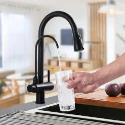 Robinet de Cuisine à 3 Voies Mitigeur de Cuisine Noir avec Douchette Extractible Mitigeur Evier Cuisine Eau Potable