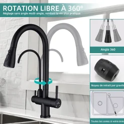 Robinet de Cuisine à 3 Voies Mitigeur de Cuisine Noir avec Douchette Extractible Mitigeur Evier Cuisine Eau Potable