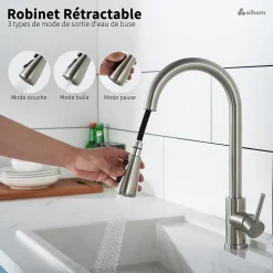 Robinet de Cuisine avec Douchette Extractible Mitigeur Cuisine Brossé en Acier Inox Robinet 3 Modes d'évier Rotatif à 360 degrés