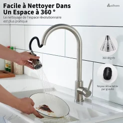 Robinet de Cuisine avec Douchette Extractible Mitigeur Cuisine Brossé en Acier Inox Robinet 3 Modes d'évier Rotatif à 360 degrés