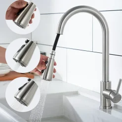 Robinet de Cuisine avec Douchette Extractible Mitigeur Cuisine Brossé en Acier Inox Robinet 3 Modes d'évier Rotatif à 360 degrés