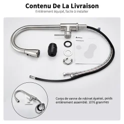 Robinet de Cuisine avec Douchette Extractible Mitigeur Cuisine Brossé en Acier Inox Robinet 3 Modes d'évier Rotatif à 360 degrés