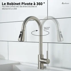 Robinet de Cuisine avec Douchette Extractible Mitigeur Cuisine Brossé en Acier Inox Robinet 3 Modes d'évier Rotatif à 360 degrés