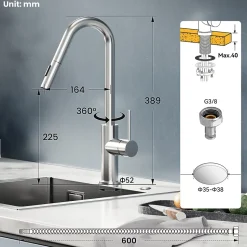 Robinet de Cuisine avec Douchette Extractible, Mitigeur Cuisine en Inox Mitigeur d'Évier avec 2 Modes de Sortie D'eau, Brossé