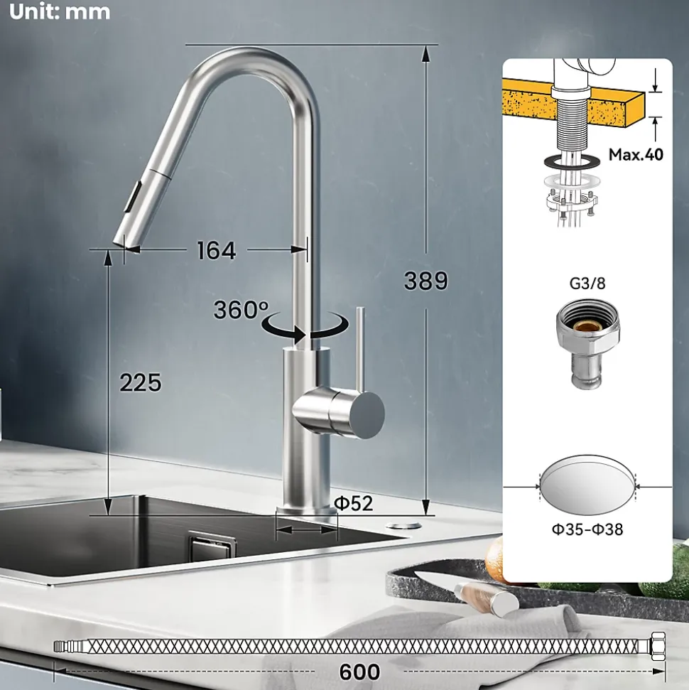 Robinet de Cuisine avec Douchette Extractible, Mitigeur Cuisine en Inox Mitigeur d'Évier avec 2 Modes de Sortie D'eau, Brossé