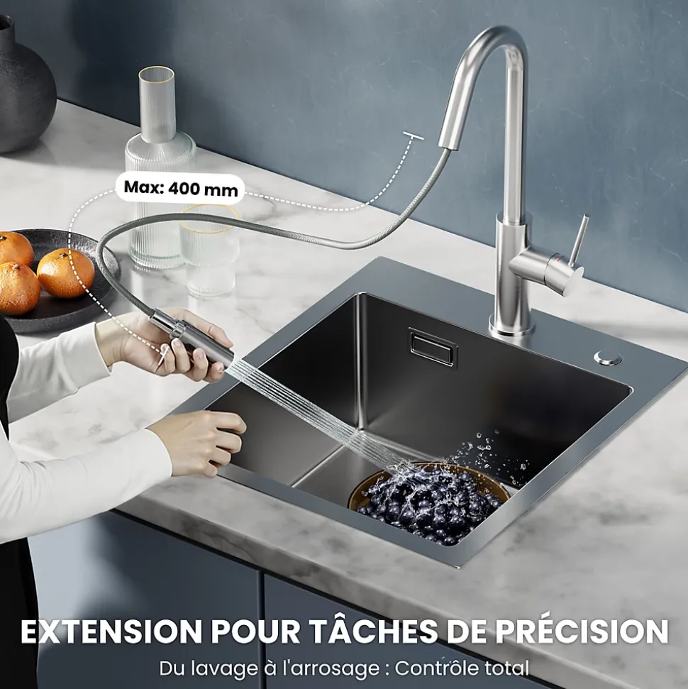 Robinet de Cuisine avec Douchette Extractible, Mitigeur Cuisine en Inox Mitigeur d'Évier avec 2 Modes de Sortie D'eau, Brossé