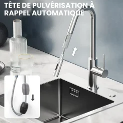 Robinet de Cuisine avec Douchette Extractible, Mitigeur Cuisine en Inox Mitigeur d'Évier avec 2 Modes de Sortie D'eau, Brossé