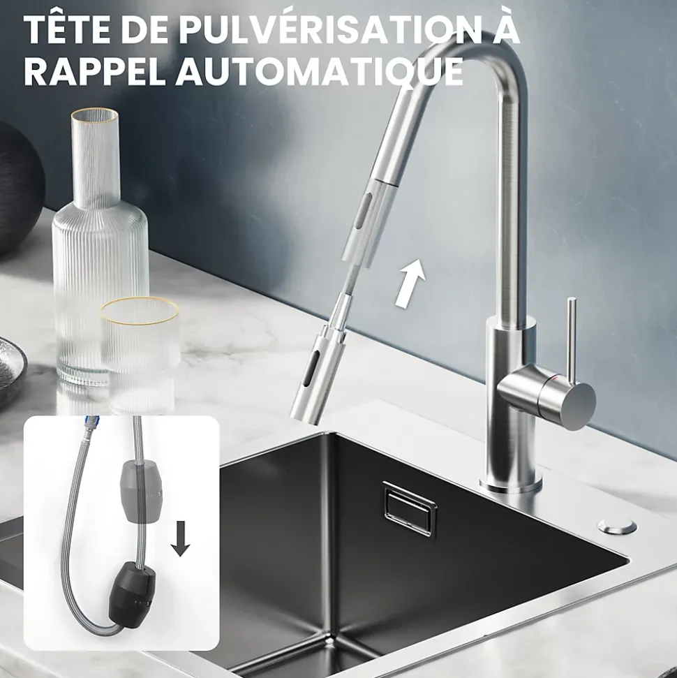 Robinet de Cuisine avec Douchette Extractible, Mitigeur Cuisine en Inox Mitigeur d'Évier avec 2 Modes de Sortie D'eau, Brossé