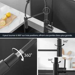 Robinet de Cuisine avec Douchette Extractible, Mitigeur Cuisine en Inox Mitigeur d'Évier avec 2 Modes de Sortie D'eau, Noir