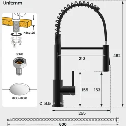 Robinet de Cuisine avec Douchette Extractible, Mitigeur Cuisine en Inox Mitigeur d'Évier avec 2 Modes de Sortie D'eau, Noir