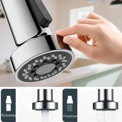 Robinet de cuisine avec douchette, Rotation 360, 2 jets, Finition brossée Acier Inoxydable 304, Pour évier standard
