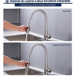 Robinet de Cuisine avec Douchette Extractible Mitigeur d'évier Bec Rotatif 360 degrés Robinet en Acier Nickel Brossé