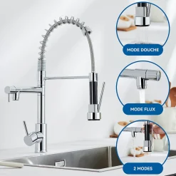 Robinet de Cuisine avec Douchette Extractible, Mitigeur Cuisine en Inox avec 2 Modes de Sortie D'eau