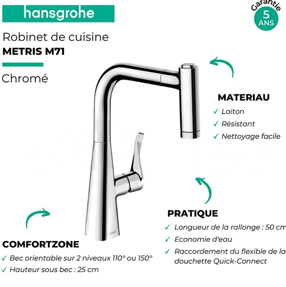 Robinet de cuisine avec douchette HANSGROHE Metris M71 220 2 jets chromé