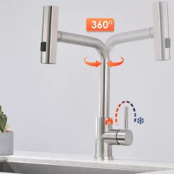 Robinet de Cuisine Brossé avec Douchette Extracible Mitigeur d'Evier à 3 Modes Robinet de Cuisine Rotatif à 360 degrés