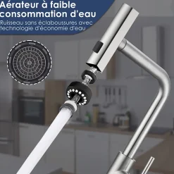 Robinet de Cuisine Brossé avec Douchette Extracible Mitigeur d'Evier à 3 Modes Robinet de Cuisine Rotatif à 360 degrés