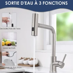 Robinet de Cuisine Brossé avec Douchette Extracible Mitigeur d'Evier à 3 Modes Robinet de Cuisine Rotatif à 360 degrés