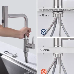 Robinet de Cuisine Brossé avec Douchette Extracible Mitigeur d'Evier à 3 Modes Robinet de Cuisine Rotatif à 360 degrés