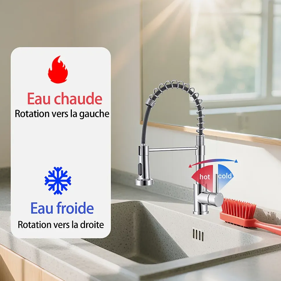 Robinet de cuisine chromé avec douchette, Rotation 360, 2 jets, Finition brillante, Pour évier standard