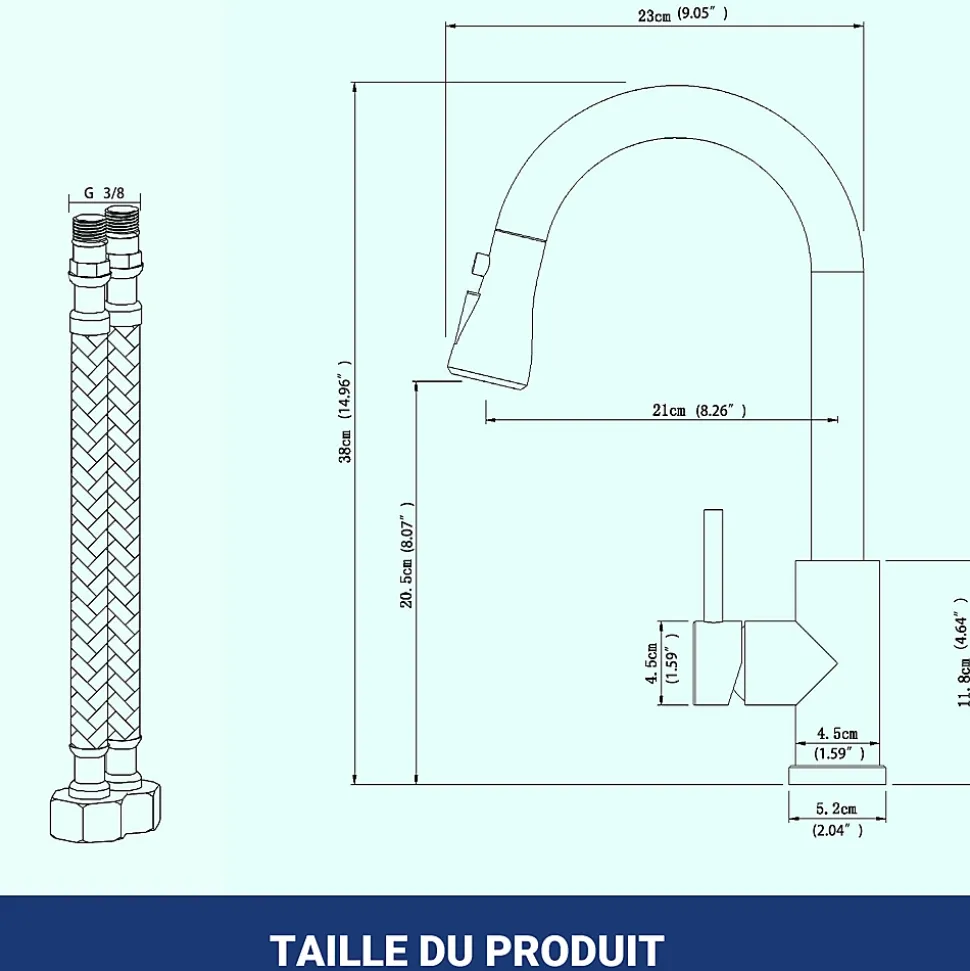 Robinet de cuisine extractible, acier inoxydable brossé, rotation 360, 3 modes d'eau, adapté aux éviers