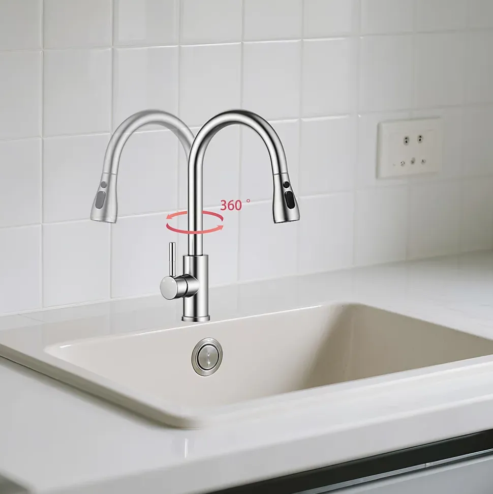 Robinet de cuisine extractible, acier inoxydable brossé, rotation 360, 3 modes d'eau, adapté aux éviers