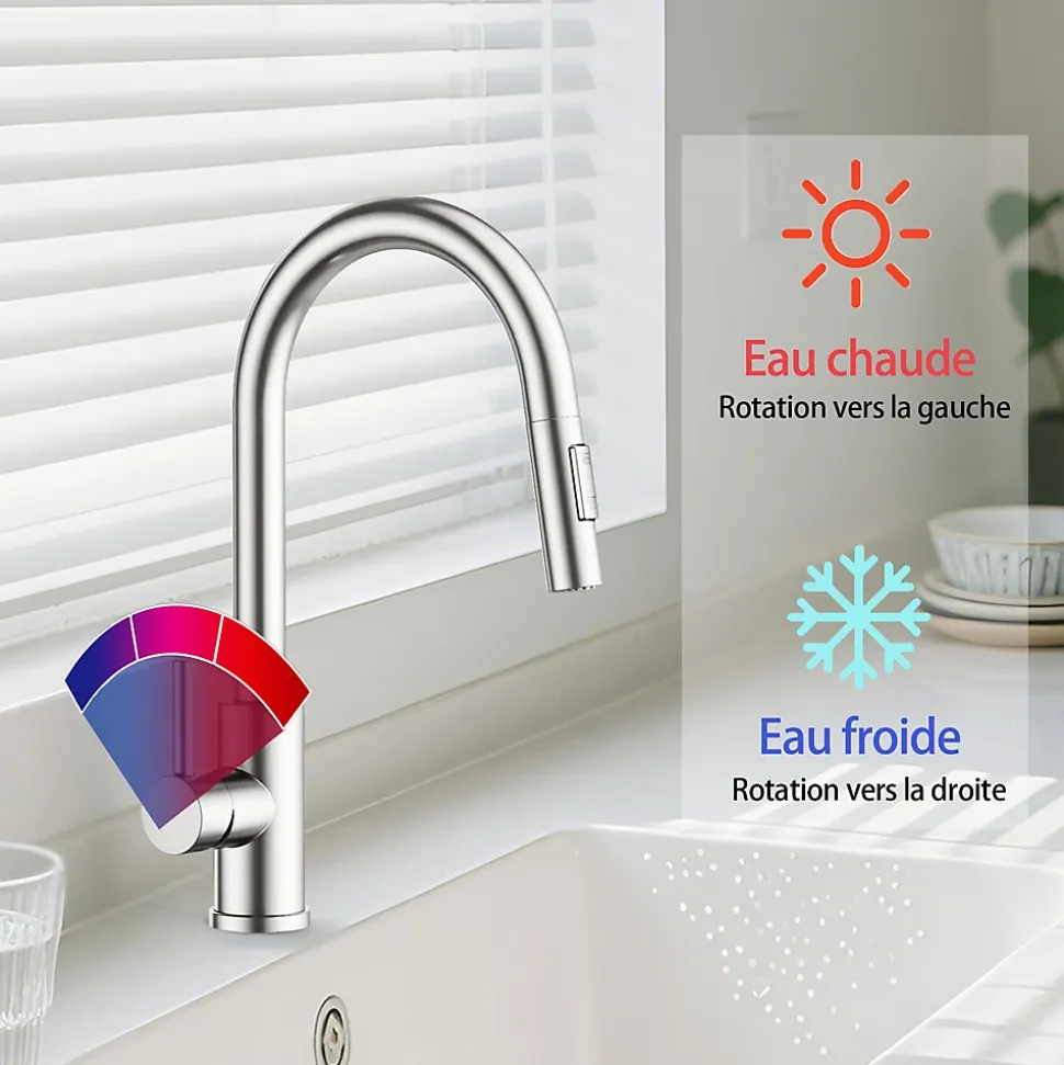 Robinet de cuisine extractible, acier inoxydable brossé, 2 modes d'eau, adapté aux éviers, modèle UE