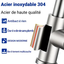 Robinet de cuisine extractible, acier inoxydable brossé, 2 modes d'eau, adapté aux éviers, modèle UE