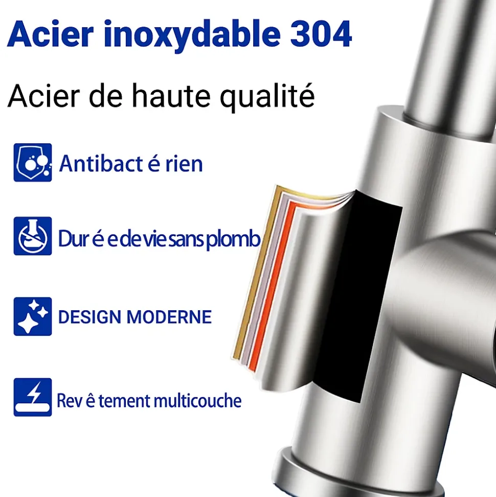 Robinet de cuisine extractible, acier inoxydable brossé, 2 modes d'eau, adapté aux éviers, modèle UE