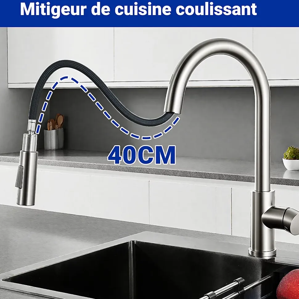 Robinet de cuisine extractible, acier inoxydable brossé, 2 modes d'eau, adapté aux éviers, modèle UE