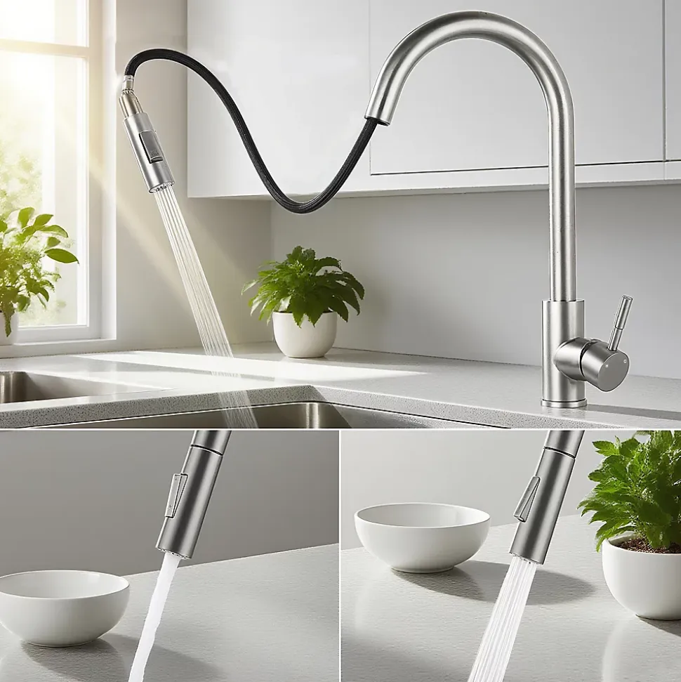 Robinet de cuisine extractible, acier inoxydable brossé, 2 modes d'eau, adapté aux éviers, modèle UE