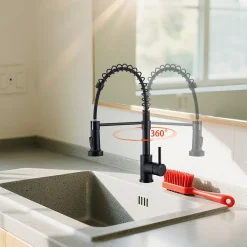 Robinet de cuisine noir avec douchette, Rotation 360, 2 modes d'écoulement, Finition mate, Pour évier standard