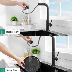 Robinet de Cuisine Noir avec Douchette Extractible, Mitigeur Cuisine en Inox Mitigeur d'Évier avec 2 Modes de Sortie D'eau