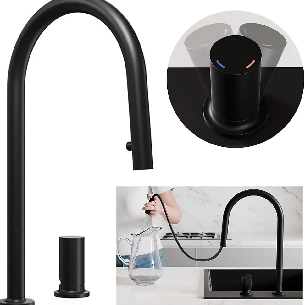 Robinet de cuisine noir Primagran avec deux types de jet d'eau, robinet d'Evier avec rotation a 360, mitigeur haute pression