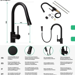 Robinet de cuisine noir Primagran avec deux types de jet d'eau, robinet d'Evier avec rotation a 360, mitigeur haute pression