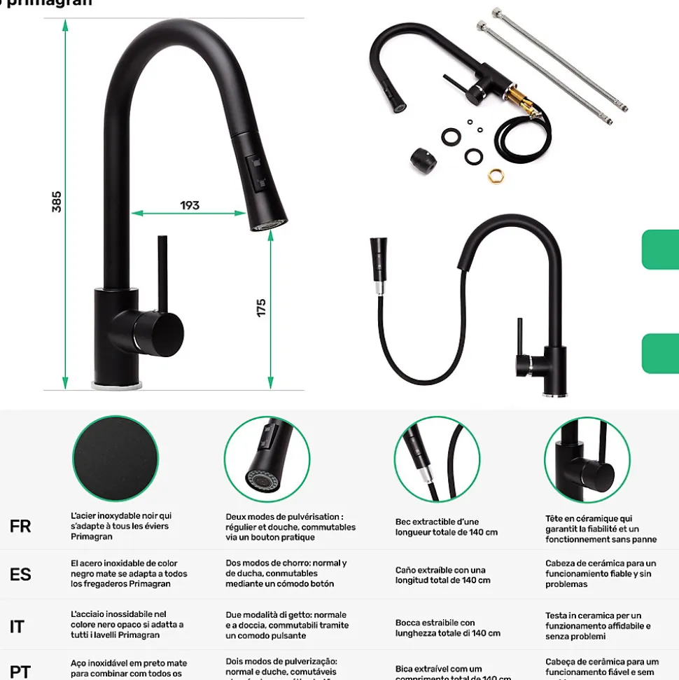 Robinet de cuisine noir Primagran avec deux types de jet d'eau, robinet d'Evier avec rotation a 360, mitigeur haute pression