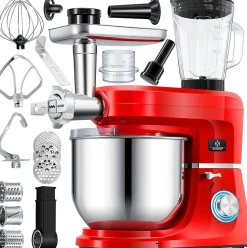 Robot ménager universel 3 en 1 avec hachoir à viande pétrin Mélangeur multifonction Extracteur jus 1.5 L Kit saucisses rouge