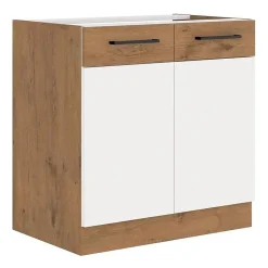 ROCK - Meuble bas - Mélaminé decor chene Lancelot et Blanc - 80 cm - 2 portes battantes