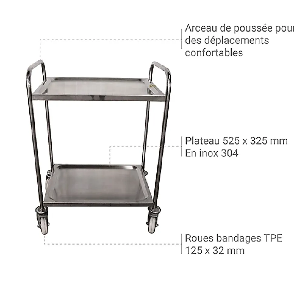 Servante inox 2 plateaux charge max 100 kg - SVT2/100