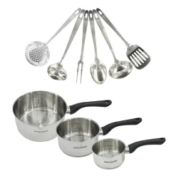 Set 3 casseroles 12 16 et 20 cm en inox et 6 ustensiles inox Fackelmann Geneva
