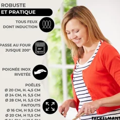 Set 3 poêles 20 24 28 cm en inox, 3 couvercles verre, 3 faitouts inox 16, 20 et 24 cm et 6 ustensiles RPET Fackelmann Eterna