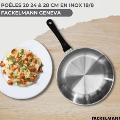 Set 3 poêles 20 24 et 28 cm en inox et 6 ustensiles Fackelmann Geneva