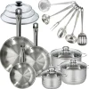 Set 3 poêles 20, 24 et 28 cm en inox et couvercles, 3 faitouts inox 16, 20 et 24 cm et 6 ustensiles inox Fackelmann Eterna