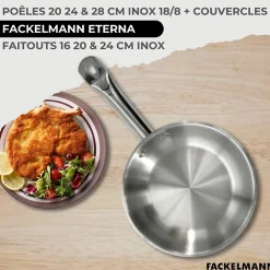 Set 3 poêles 20, 24 et 28 cm en inox et couvercles, 3 faitouts inox 16, 20 et 24 cm et 6 ustensiles inox Fackelmann Eterna