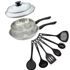 Set 2 poêles 24 et 28 cm en inox, couvercles verre et 6 ustensiles Fackelmann Geneva