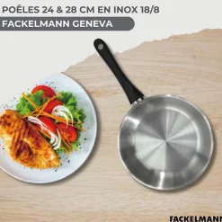 Set 2 poêles 24 et 28 cm en inox, couvercles verre et 6 ustensiles Fackelmann Geneva
