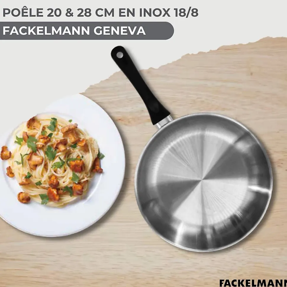 Set 2 poêles 20 et 28 cm en inox, couvercles verre et 6 ustensiles Fackelmann Geneva